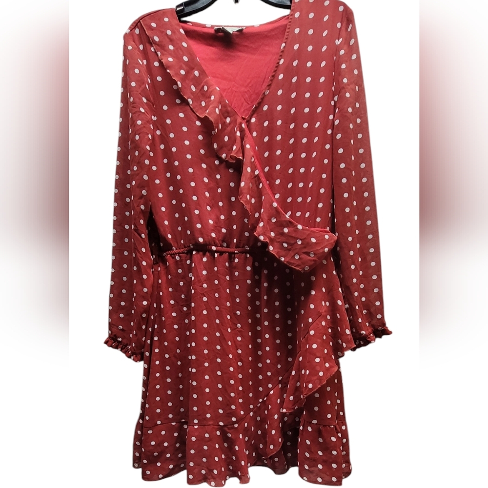 * Charlie Paige medium red foux wrap dress polka dot ruffle detail 9